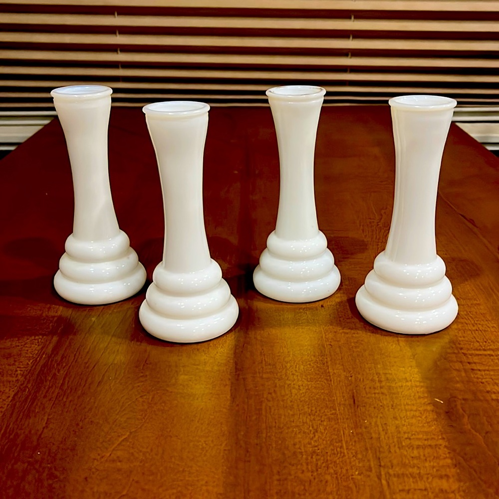 Vintage 60s 70s Retro White Milk Glass Small Vase Randall 3 Ring Design Beehive